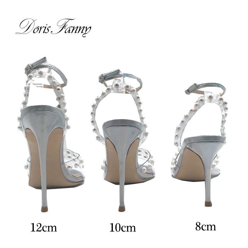 Doris Fanny/прозрачная обувь с жемчугом; Серебрянные сандали; женские летние туфли на каблуке; Размер 39
