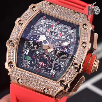 

Classic New Black Red Rubber Men Watch Sapphire Automatic Mechanical Rose Gold Full Iced Diamonds Tourbillion Calendar AAA+
