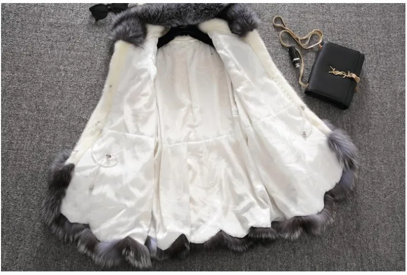 Роскошная женская зимняя теплая куртка из искусственного меха размера плюс 6XL, Женская куртка из лисьего кроличьего меха с капюшоном, имитация пальто, юбка, стильная норковая Меховая куртка