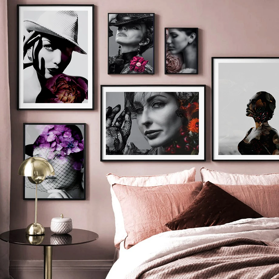 

Fashion black and white Lady Flowers Nordic Abstract Canvas Painting Art Print Poster Decorative Picture Modern Home Decoration