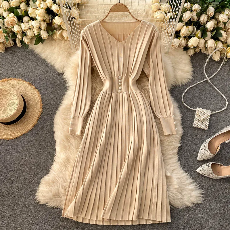 Autumn Winter Vintage Women's Knitted Dress 2020 Elegant V-Neck Temperament Long Sleeve Stripe Sweater Dress Female
