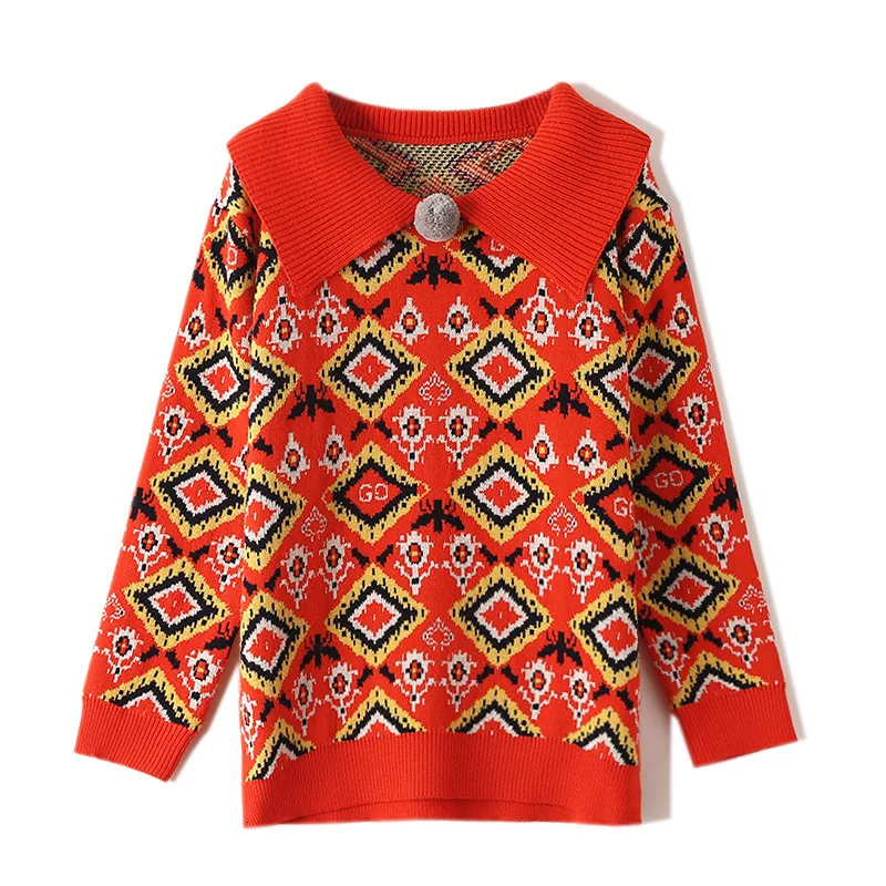 Yang Mi Orange Red Jacquard Weave Sweater Polo Lead Pullover Small Real Loose Knitting Shirt Clothes