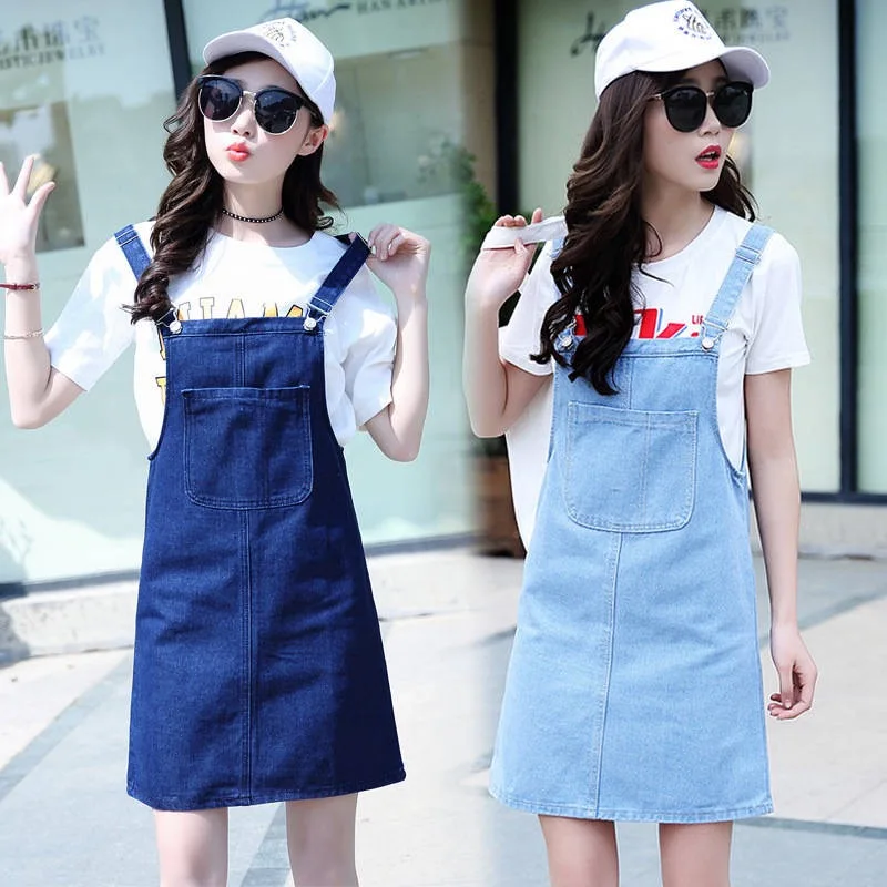 

New Summer Skirt Women Denim Suspender Skirt Jeans Skirt Blue Jeans Casual Shoulder-straps Front Pocket Overall Skirt