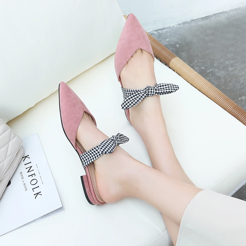 

2020 Spring Pointed Toe Bowknot Pink Yellow Women Mules Slippers Flats Butterfly Loafers Woman Casual Shoes 11811AYD2080