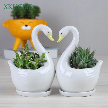 

White Ceramic Flower Pot Swan Sculpture Crafts Couple Gift Ornaments Desktop Storage Container Home Decoration Accessories