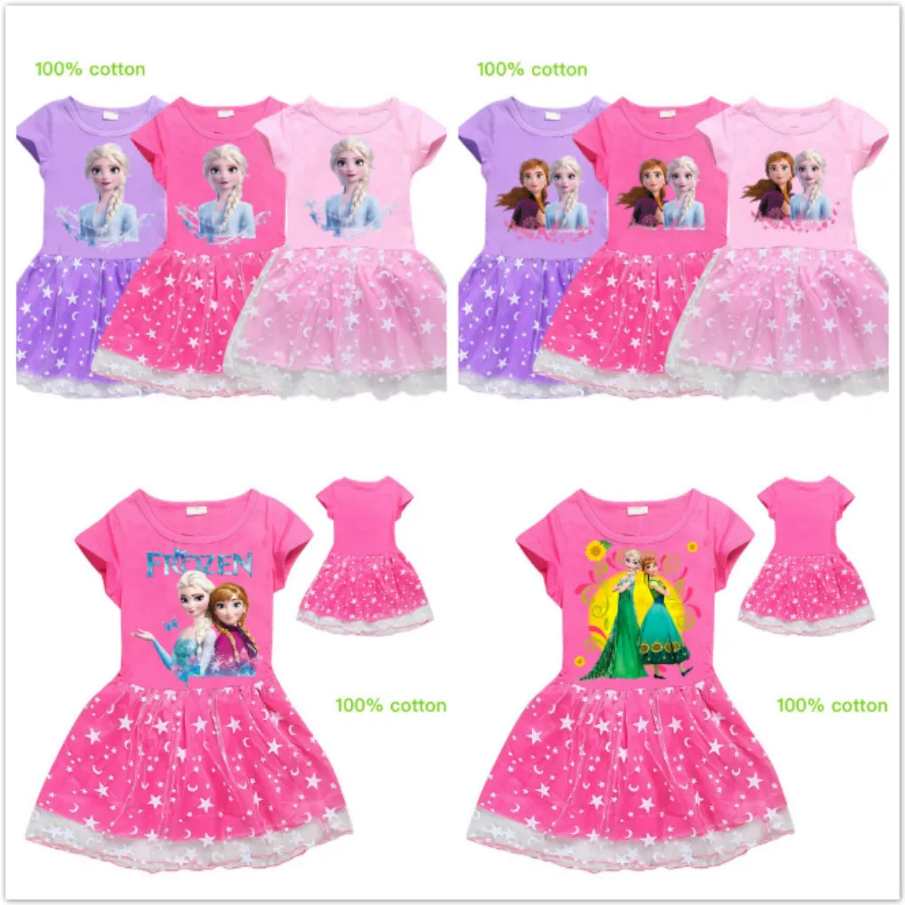 SummerGirlDressesCartoonFrozenAnnaElsaPrintCottonFashionStar