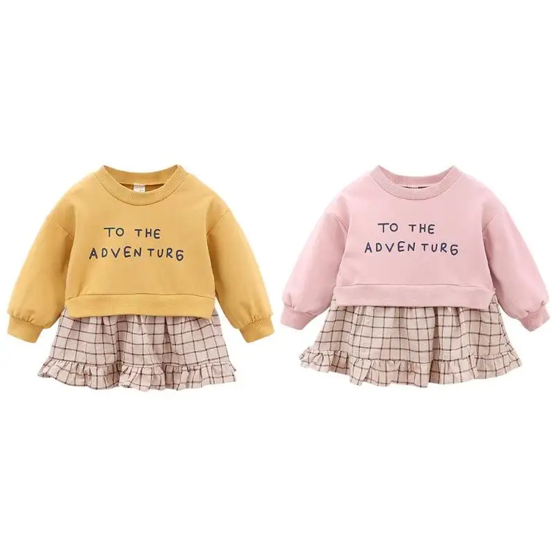Baby Personality Printing Letter Plaid Dress Comfort Soft Fake 2pcs 3-24M Kids Girls Autumn Fashion Trend Long Sleeve Dresses