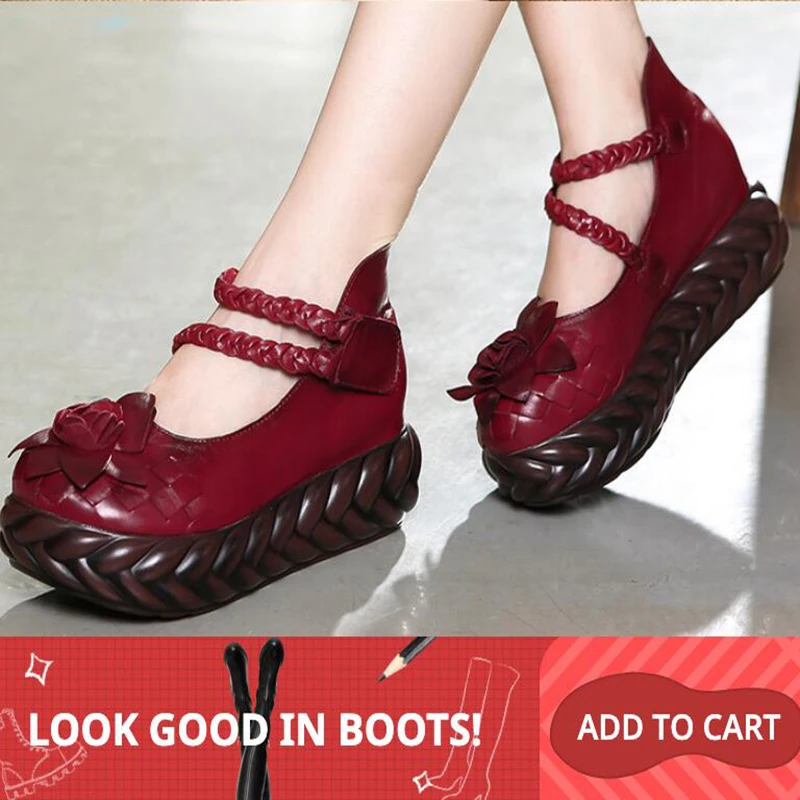 GKTINOO; женские кожаные туфли на высоком каблуке; Туфли на танкетке с цветочным узором; коллекция года; осенние туфли-лодочки; женские туфли-лодочки mary jane ручной работы из натуральной кожи на платформе