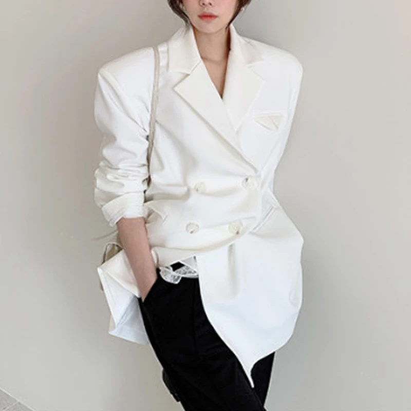 Autumn Office Lady Minimalist Women Jacket Blazer 2020 New Formal Loose Elegant Double Breasted Suit Coat Solid Stylish Outwear