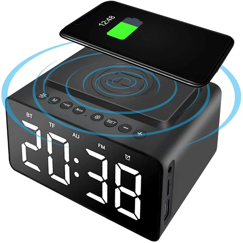 alarm clock digital Bluetooth Speaker fm radio with USB Charger &amp Wireless QI Charging 3 Level Digital Desktop Clock | Дом и сад