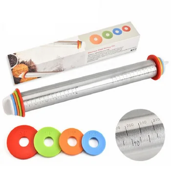 

Kitchen Tool Flour Sticks Stainless Steel Graduated Rolling Pin for Bake Dough Roller with 4 Removable Adjustable Thickness Ring
