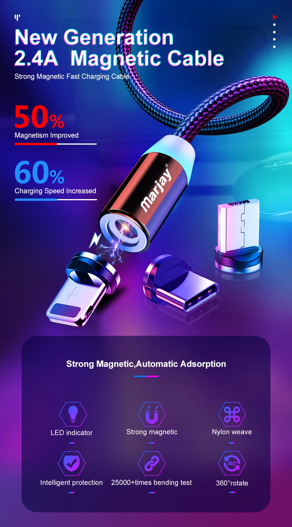 Магнитный usb-кабель Marjay для быстрой зарядки iphone, кабель Micro USB type-C для samsung, Xiaomi, huawei, провод зарядного устройства для мобильных телефонов