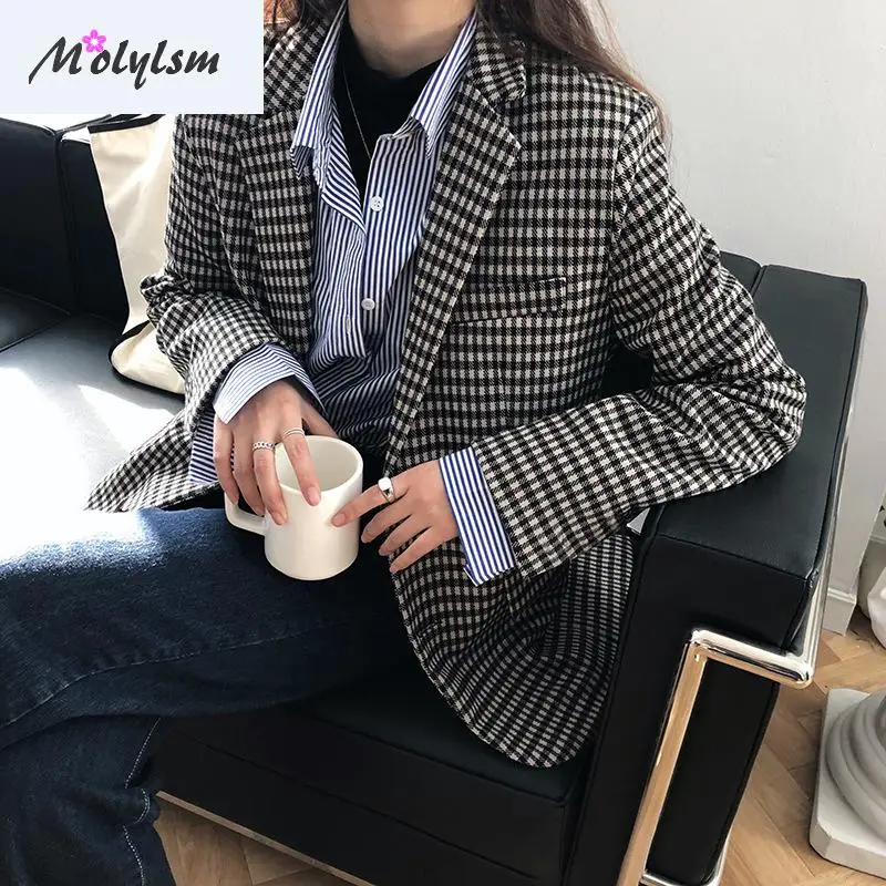 

Plaid Blazer Women's Spring And Autumn New Korean Retro Mesh Red Casual Suit Coat Office Lady Feminino
