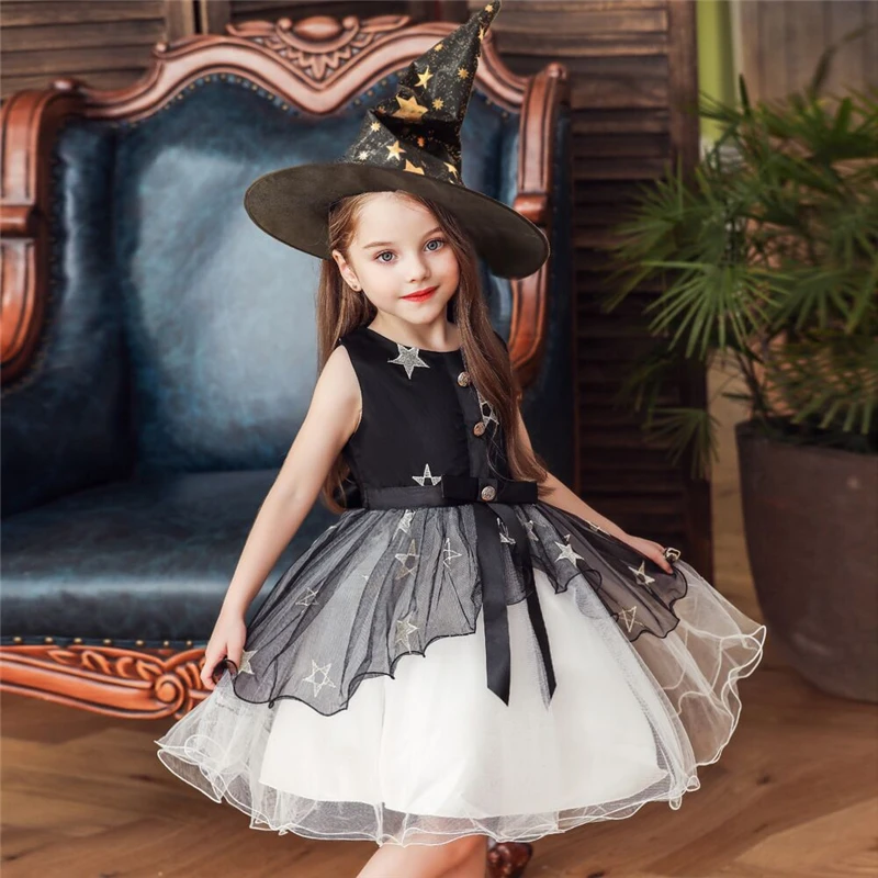 Halloween Witch Costume Girls Witch Dress Up Hat Ruffle Tulle Tutu