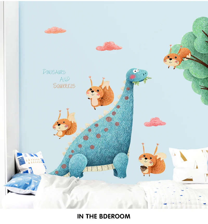 Dinosaur wall sticker corner stickers kids room decoration self-adhesive baby bedroom decor cartoon squirrels pattern home decor