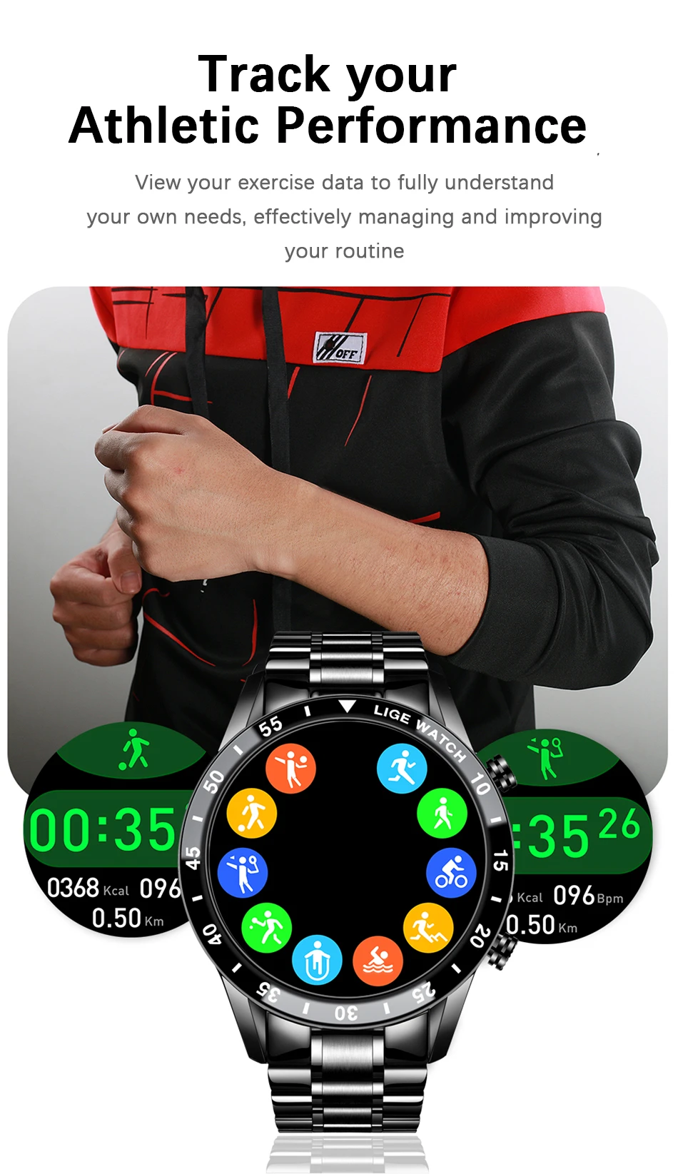 LIGE New Men Smart watch Heart rate Blood pressure IP68 waterproof sports Fitness
