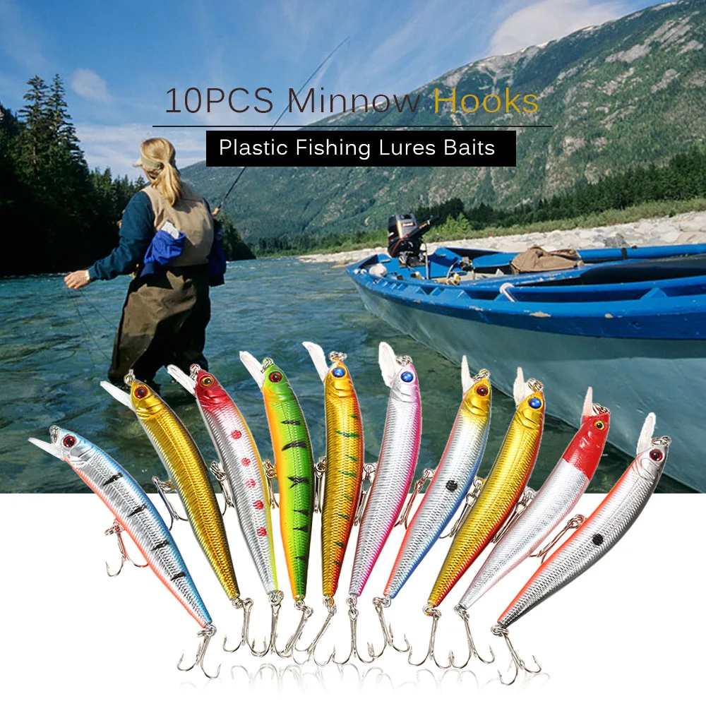 

Lixada 10PCS Minnow Hooks Plastic Fishing Lures Baits Crank Bait Set Fish Lure Wobbler Hard Baits