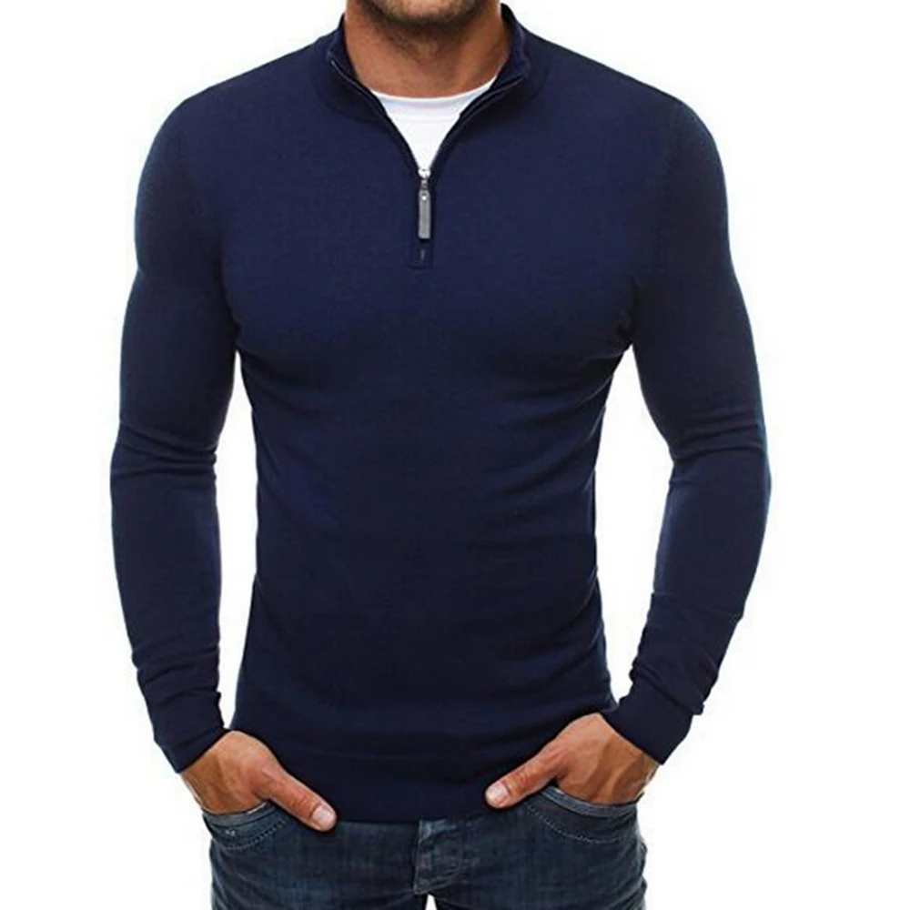 navy blue Мужской осенний пуловер, свитер, повседневный Однотонный свитер со стоячим воротником, платье, тонкая трикотажная одежда на молнии, тонкий мужской вязаный пуловер - Цвет: navy blue