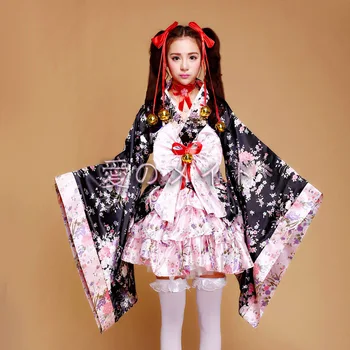 

6-piece women's cherry blossom print sexy kimono bathrobe with Lolita dress Japanese role-playing adult children maid kimo