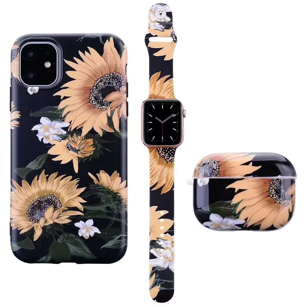Чехол для iPhone 12 11 Pro Max XS MAX XR 7 8 с цветочным узором ремешок часов 42 мм/44 мм на чехле