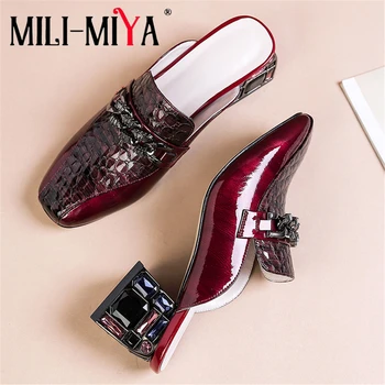

MILI-MIYA Fashion Square Heels Women Cow Leather Pumps Crystal Square Heels Metal Decoration Slip-On Dress Party Shoes Size34-40