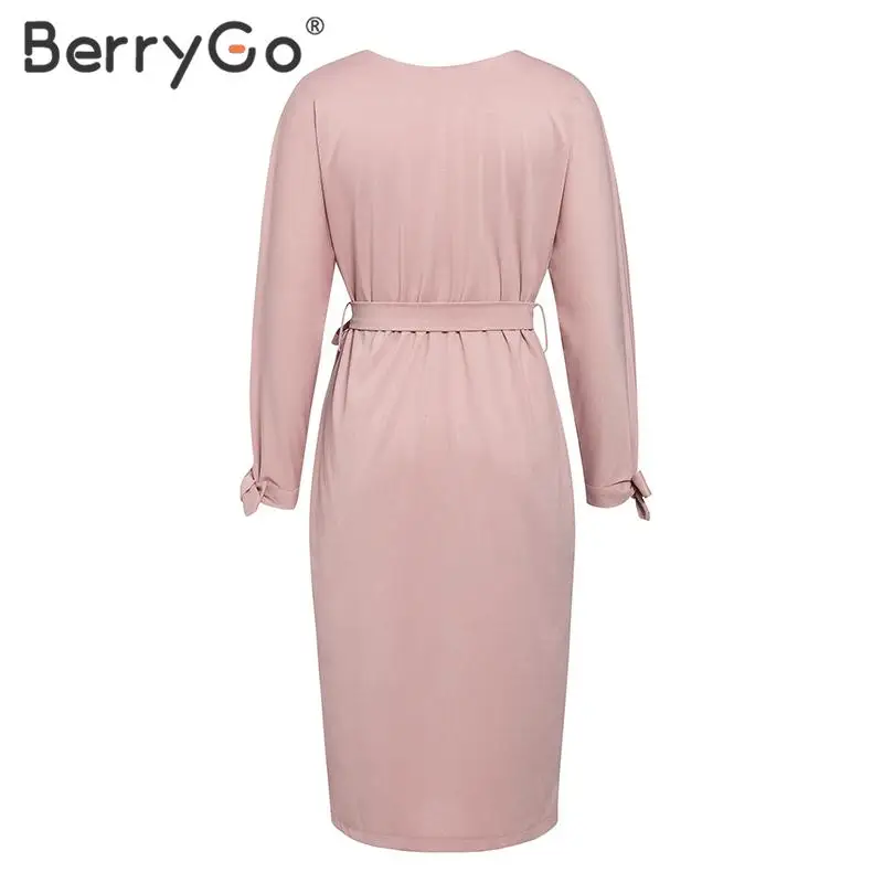 BerryGo элегантное однотонное длинное платье для женщин, Осеннее однобортное платье с поясом, рукав летучая мышь, женское платье, повседневные офисные платья с высокой талией