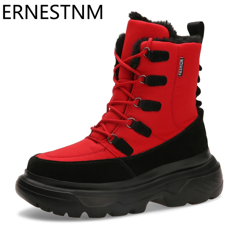 ERNESTNM/Новые черные ботинки мужские ботинки до середины икры из водонепроницаемой ткани теплые плюшевые пинетки Дамская обувь размера плюс женская обувь на платформе армейские ботинки