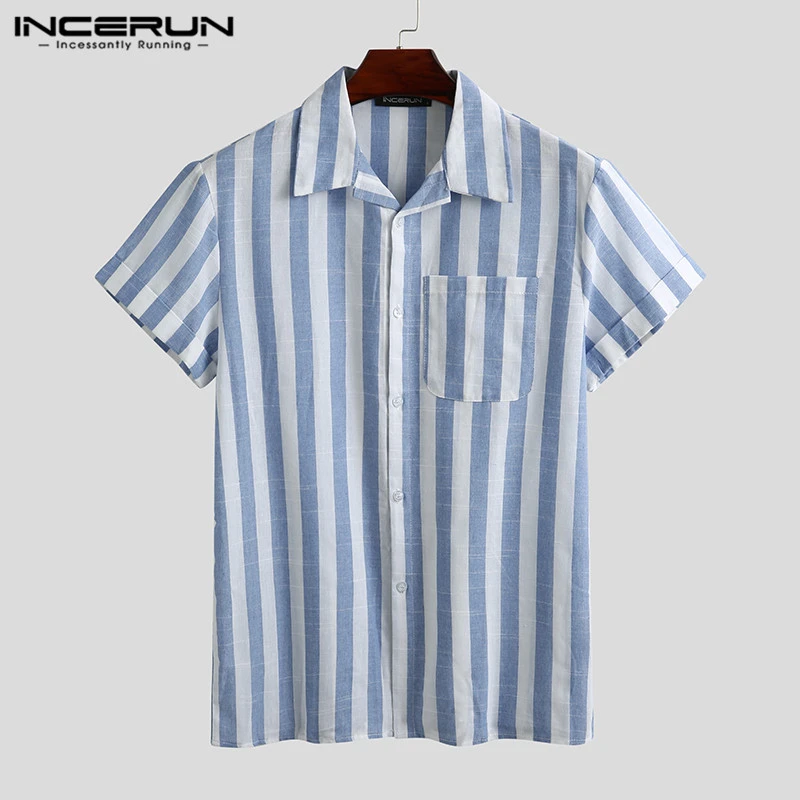 Summer Men Slim Shirt Stripe Print Fashion Lapel Casual Tops,Dark Blue,XXL 