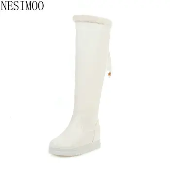 

NESIMOO 2021 Lace Up Round Toe Women Shoes Keep Warm Wedges Winter Knee High Boots PU Height Increasing Snow Boots Big Size34-43