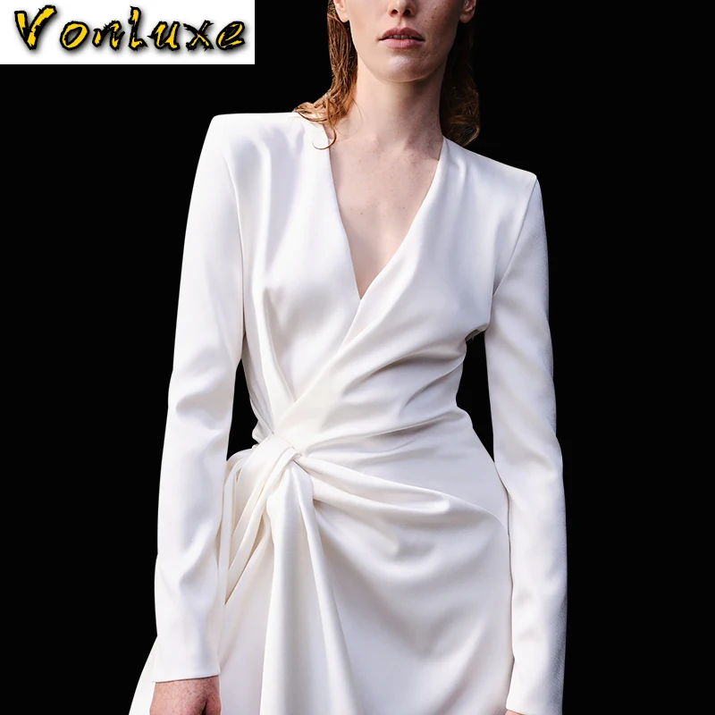 2020 New Fashion Autumn Dress Women Long Sleeve V Neck Clothing Runway Designer High Quality White Mini Party Night Club Dresses | Женская