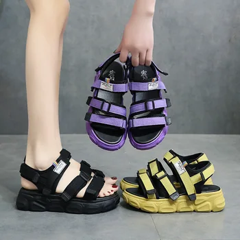 

SWYIVY Demin Platform Shoes Woman Casual Flat Sandals Women 2020 Hook Loop Summer Women's Sandals New Solid Fashion Ladies Shoe