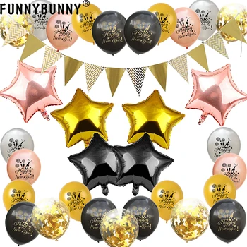 

32 piece set happy new year happy new year latex round confetti balloon pull flag new year's day holiday decoration