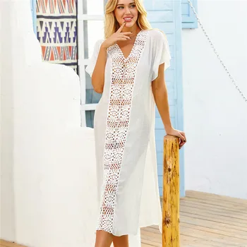 

Long Beach Coverups for Women Swimwear Cover Up Front Crochet Flower Beachwear Solid White Pareo Plage Lin Bathing Suit Swim