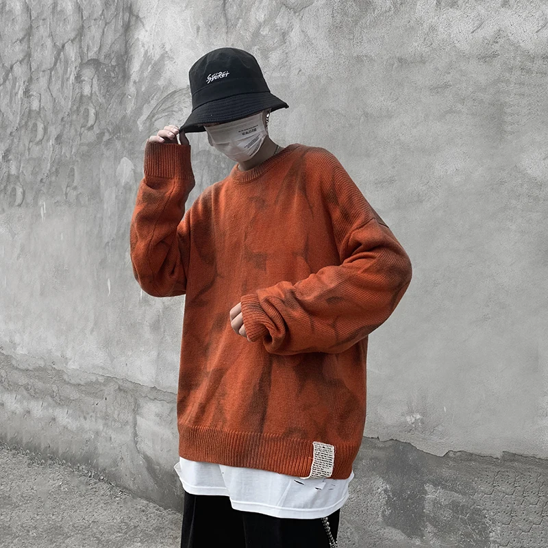 Hip Hop Tie-dye Sweater Men Warm Fashion Print Casual Knit Sweater Man Streetwear Loose Long-sleeved Pullover Men Sweter Clothes