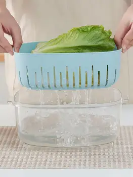 

Refrigerator Drain Storage Box Kitchen Crisper Transparent Fresh-keeping Box with Lid Double-drain Plastic Rectangular Container