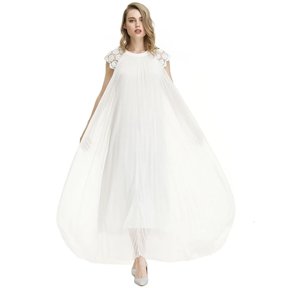 

New Fashion Bohemian Chiffon Dress Women Floral Lace Short Sleeve Round Neck Maxi Dresses Cute Style Double Layer White Dress