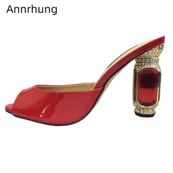 

Jeweled Diamond Ruby Heel Shoes Woman Sexy Peep Toe Bright Patent Leather Rhinestone High Heel Slippers Women Runway Shoes