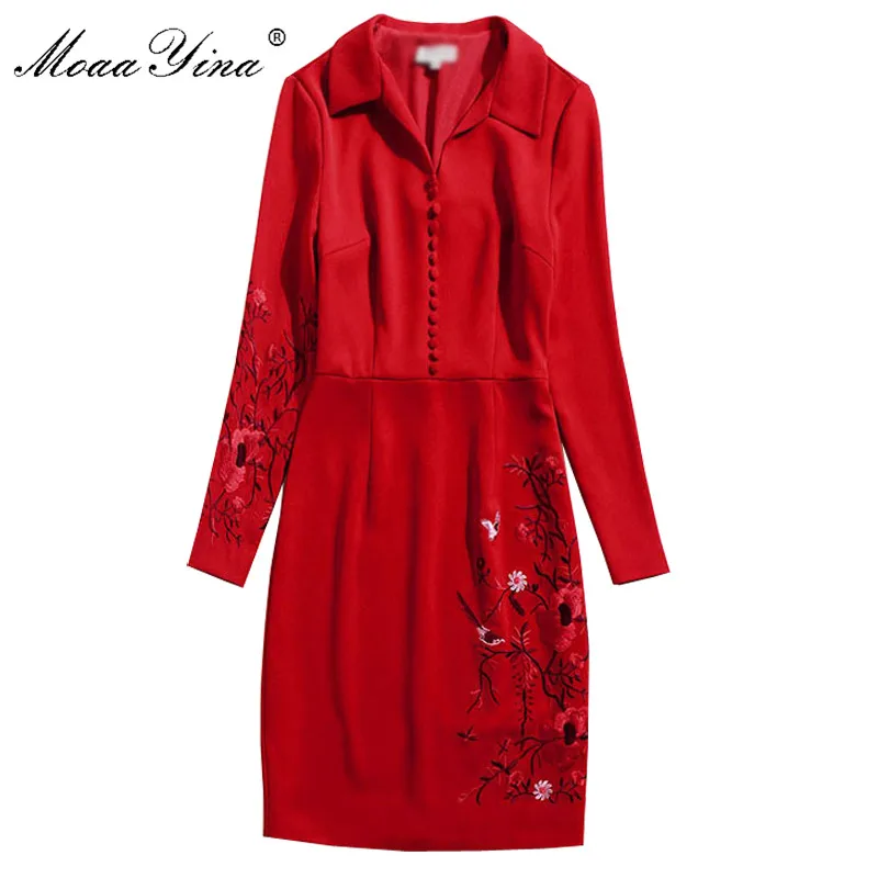 MoaaYina Fashion Designer dress Spring Autumn Women's Dress V-neck Long sleeve Belt Floral Embroidery Slim Elegant Dresses
