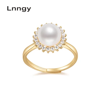 

Lnngy 14K Gold Filled 8.5-9mm Natural Cultured Freshwater Pearl Adjustable Halo Ring Women Wedding Anniversary Fine Jewelry