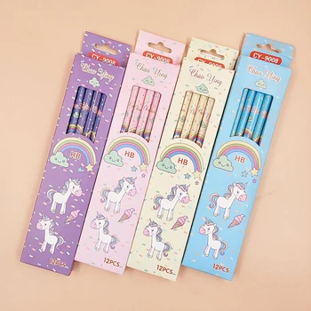 12 pcs/set Cute Rainbow Unicorn Triangle HB Standard Wooden Pencil Student Stationery Writing Pencils School Office Supply 1