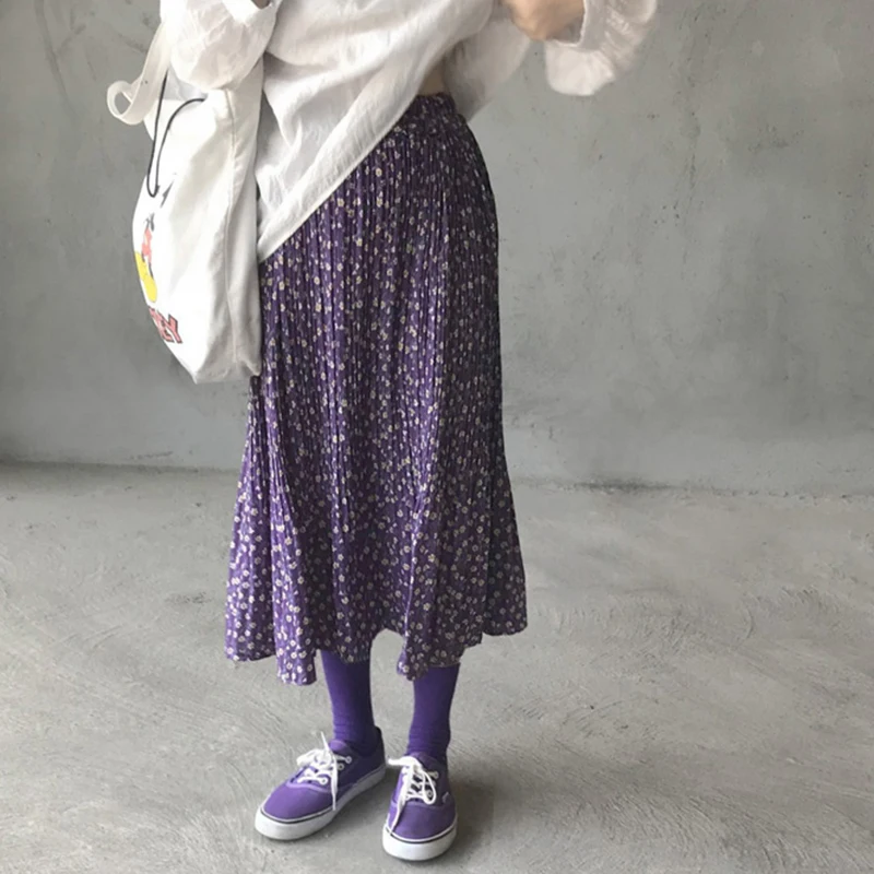 Романтичная плиссированная юбка с маленьким цветком Милая длинная юбка с эластичной резинкой на талии на весну и осень Falda Larga Gonne Going Saia