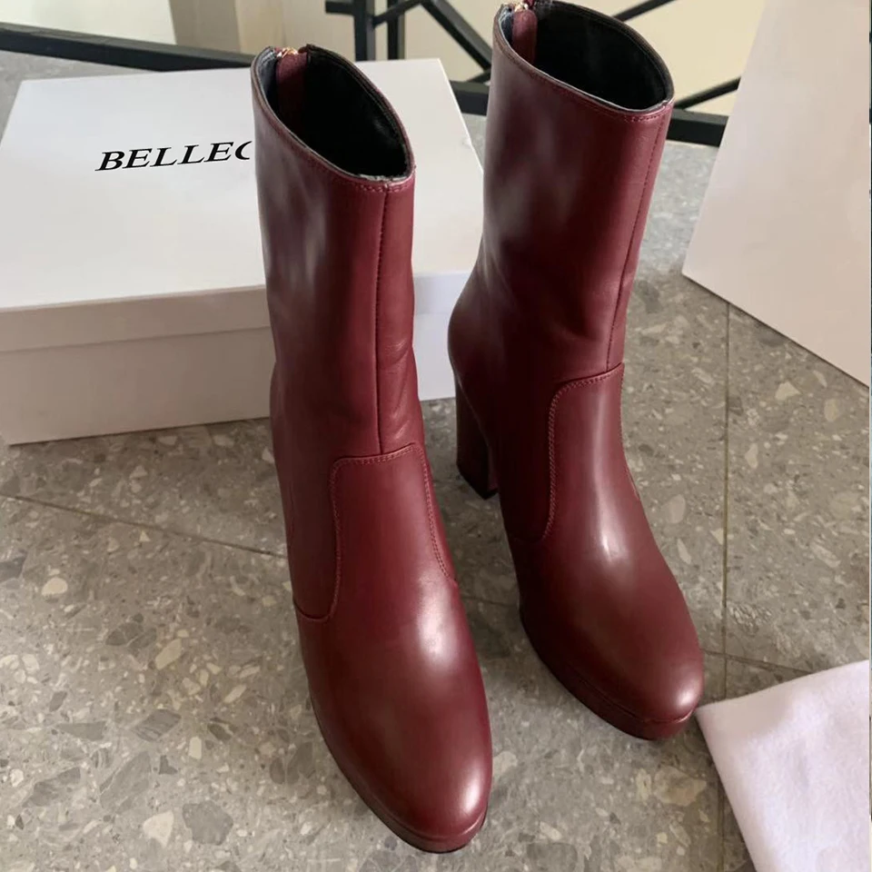 

SONFRNCH 2019 Autumn and Winter New High-heeled Mid-cylinder Boots Coarse-heeled Leather Martin Boots Bare Boots