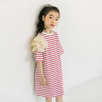 

2020 Summer Girls Dress Fashion Kids Knitted Cotton Clothes Big Girl Loose Party Frocks Teenage Girl Striped Shirt Dress