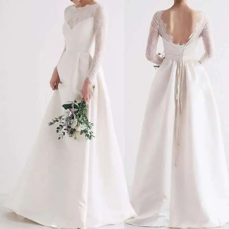 

Vintage Scoop Long Sleeves Lace Satin A-line Wedding Dress 2020 Sweep Train Backless High Quality Bridal Wedding Gowns