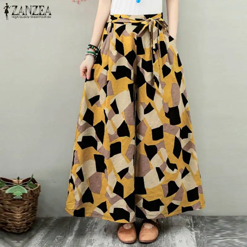 

ZANZEA Bohemian Geometric Print Wide Leg Pants Women Trousers Summer Casual Lace Up Loose Long Pantalon Flare Pants Beach Pants