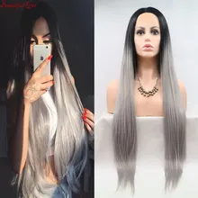 Прямой синтетический 13*4 парик на кружеве черный Omber Siver серый ручная вязка термостойкие волокна средняя часть волос для женщин девушка парик