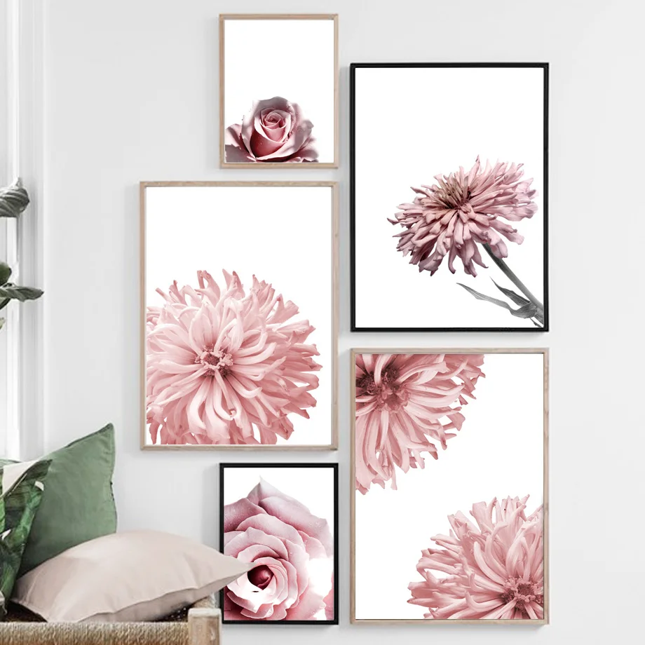 

Nordic Pink Flower Posters and Prints Rose Chrysanthemum Canvas Painting Wall Art Pictures for Living Room Modern Home Decor