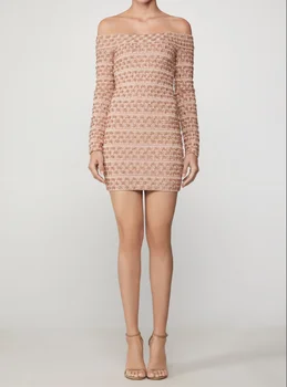 

High Quality Bandage Dress Elegnat Long Sleeve Slash Neck Night CLub Evening Party Dress Mini Sexy Dresses