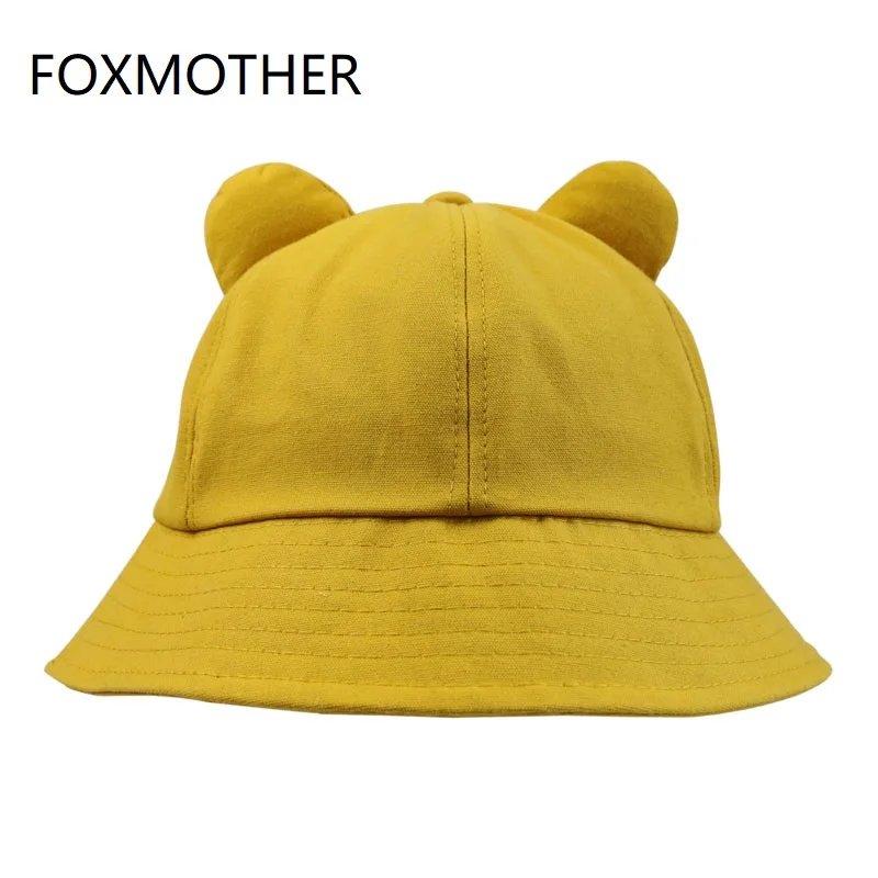 

FOXMOTHER New Cute Fashion Yellow Pink Solid Color Cat Ears Bucket Hat Women Korean 2019