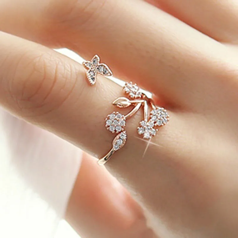 

Zircon Flower Rose Gold Adjustable Wedding Rings for Woman Delicate Cubic Zirconia Ring Fashion Female Jewelry Accessories